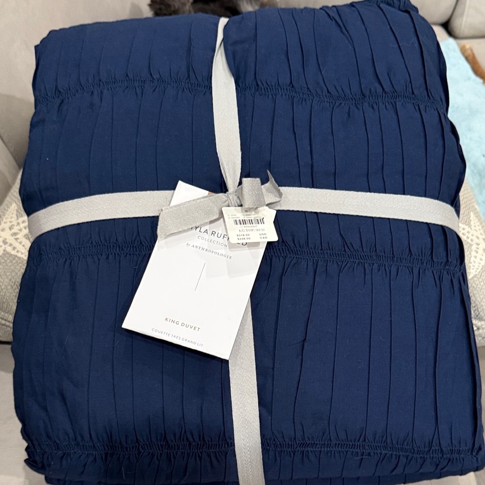 Anthropologie Deep Blue Duvet Cover Shyla Ruffled Collection